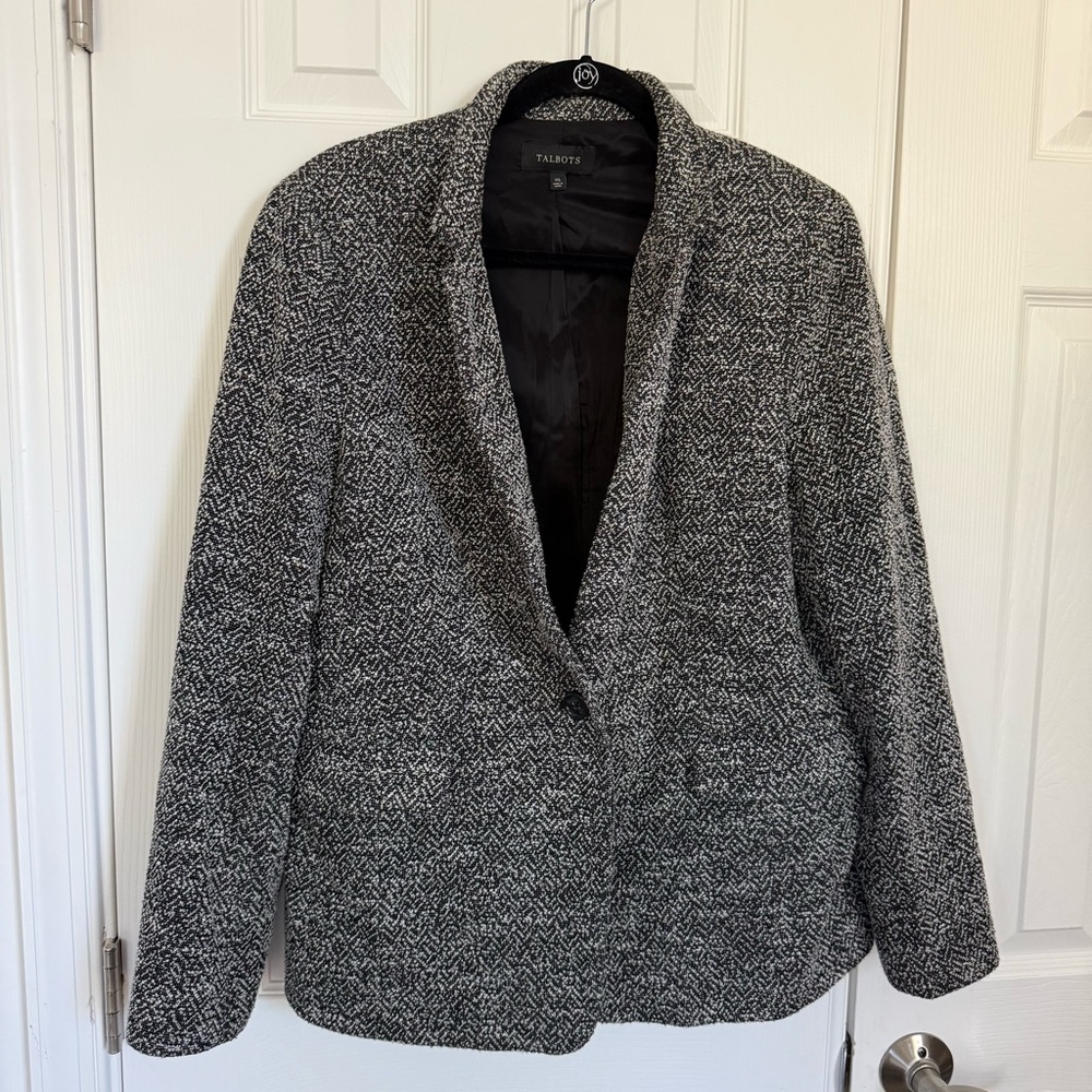 Talbots Classic One‎ Button Black/White Herringbone Tweed Blazer Women’s XL EUC